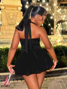 BamGleam Women's Elegant Sexy Solid Color Halter Mini Dress - Black - View 2
