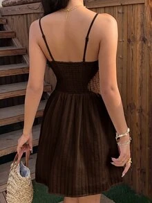 SHEIN EZwear 棕色編織女款細肩帶浪漫洋裝 - 棕色 - 查看 5