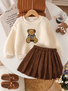 Little Girls Fashion Teddy Bear Fluffy Pullover Corduroy Pleated Skirt 2Pcs Warm Fall Outdoor Wear Autumn Winter - Apricot - View 4