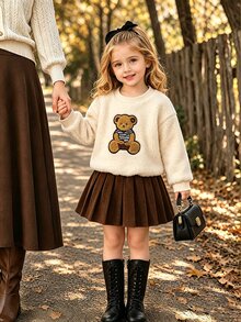 Little Girls Fashion Teddy Bear Fluffy Pullover Corduroy Pleated Skirt 2Pcs Warm Fall Outdoor Wear Autumn Winter - Apricot - View 3