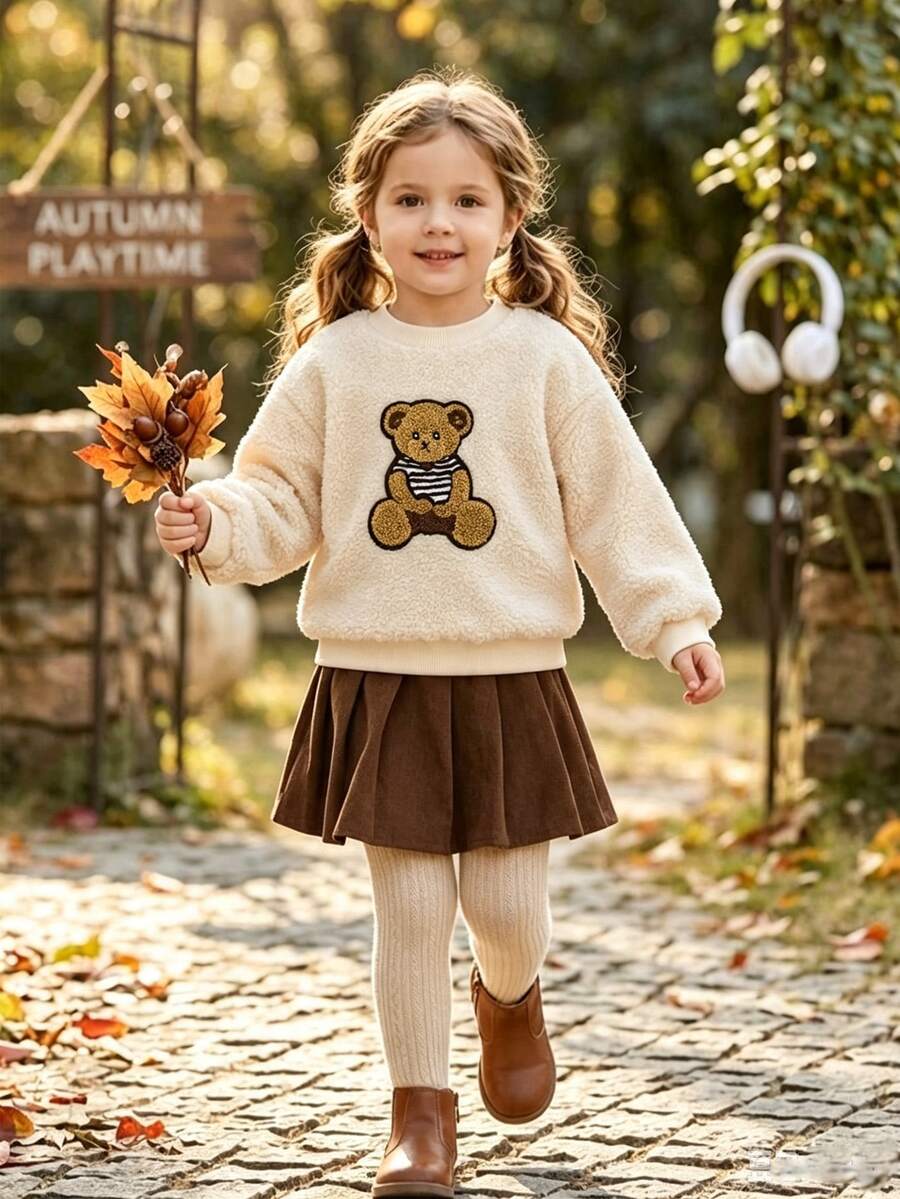 Little Girls Fashion Teddy Bear Fluffy Pullover Corduroy Pleated Skirt 2Pcs Warm Fall Outdoor Wear Autumn Winter - Apricot - View 1