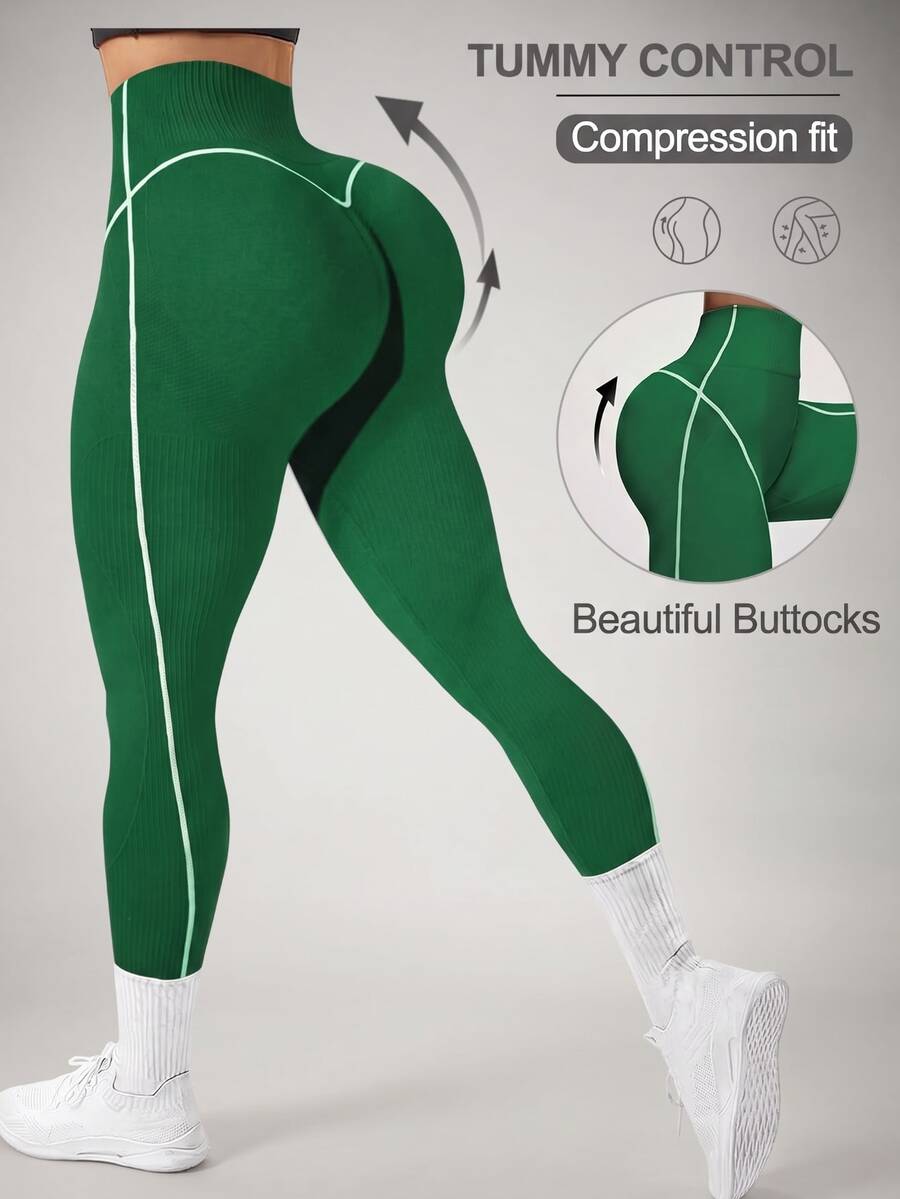 Slayform Slayform 1pc Women's Seamless Color Block Line Ankle-Length Running Fitness Workout Yoga Studio Training Casual Leggings - Hunter Green - View 1