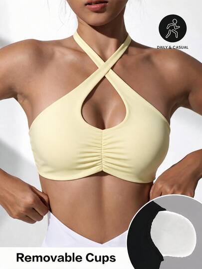 Slayform Slayform Women's Sports Bra With Front Ruched Halter Neck, Removable Padded Criss-Cross Straps, Suitable For Daily Casual Wear, Tennis, Yoga, Gym And More