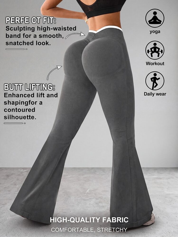 Slayform Slayform Women's Contrast Color Ruched Flare Sports Leggings - Dark Grey - View 3