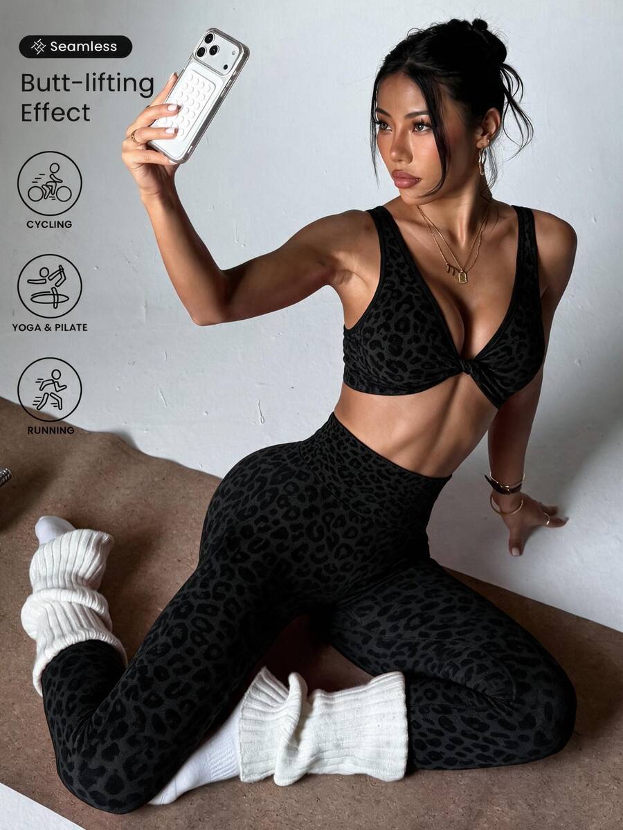 Slayform Slayform 1套女款黑白豹紋扭轉交叉瑜伽跑步健身運動內衣與緊身褲套裝 健身房夏季運動性感