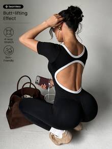 Slayform Slayform Women's Contrast Color Backless Short Sleeve Sports Jumpsuit - Black - View 2