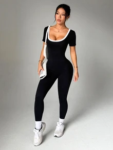 Slayform Slayform Women's Contrast Color Backless Short Sleeve Sports Jumpsuit - Black - View 3