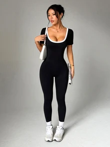 Slayform Slayform Women's Contrast Color Backless Short Sleeve Sports Jumpsuit - Black - View 5