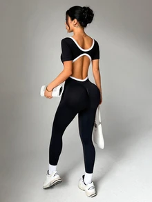 Slayform Slayform Women's Contrast Color Backless Short Sleeve Sports Jumpsuit - Black - View 6