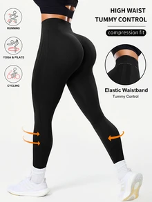 Slayform Slayform Minimalist High Waist Elastic Solid Color Slimming Sports Leggings - Black - View 3