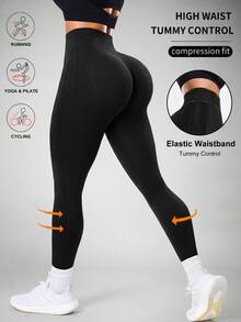 Slayform Slayform Minimalist High Waist Elastic Solid Color Slimming Sports Leggings - Black - View 1