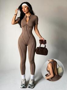 Slayform Slayform Women's Khaki Seamless Jumpsuit With Zipper, Short Sleeve Backless Cropped Jumpsuit - Khaki - View 1