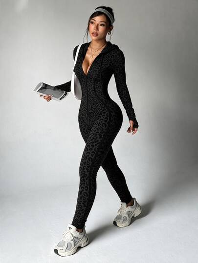Slayform Slayform 1pc Women's Seamless Sexy Leopard Print Hooded Front Zipper Thumb Hole Long Sleeve Jumpsuit For Running, Fitness, Yoga, Sports