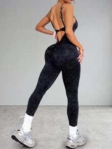 Slayform Slayform 1pc Women Matte Washed Scoop Neck Twisted Strap Knitted Jumpsuit Camisole - Black - View 3