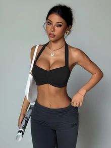 Slayform Slayform 1pc Women's Solid Color Backless Racerback Seamless Sports Bra Black Sports Bra Push Up Tops Top With Built In Bra Sexy Blouse Gym - Black - View 5