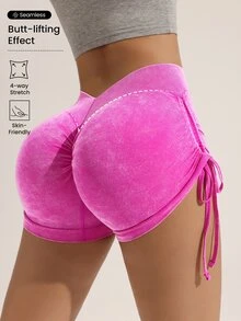 Slayform Slayform Shorts sin costuras de ejercicio con estiramientos altos, que levantan el trasero, con forro cepillado y cordón - Rosa Fucsia - Ver 3