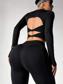 Slayform Slayform Fashionable Women's Solid Color Twisted Cross Back Mesh Tank Top With Backless Designworkout Tank Top - Black - View 1
