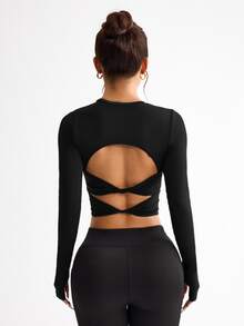 Slayform Slayform Fashionable Women's Solid Color Twisted Cross Back Mesh Tank Top With Backless Designworkout Tank Top - Black - View 4