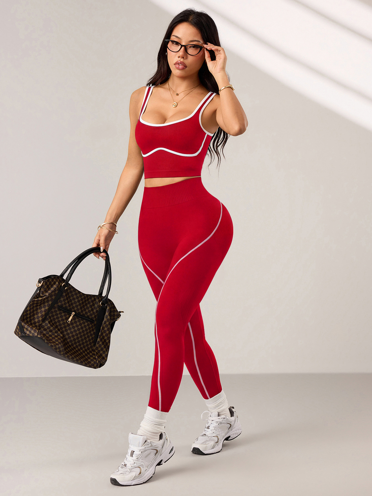 Slayform Slayform 2pcs Women's Black Seamless Tight Yoga Fitness Vest And High Waist Contrast Color Workout Leggings Set - Red - View 6
