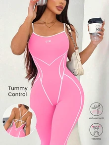 Slayform Slayform Women's Letter Print Slim Fit Everyday Fitness Sports Jumpsuit - Pink - View 4