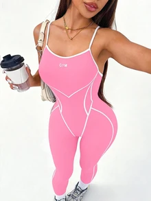 Slayform Slayform Women's Letter Print Slim Fit Everyday Fitness Sports Jumpsuit - Pink - View 3