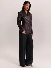 SHEIN BAE Women's Solid Color PU Leather Fashion Versatile Commute Travel Office Blazer Dark Brown Fall Business Casual Elegant Work - Brown - View 5