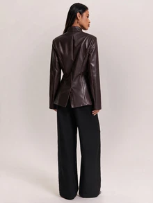 SHEIN BAE Women's Solid Color PU Leather Fashion Versatile Commute Travel Office Blazer Dark Brown Fall Business Casual Elegant Work - Brown - View 2