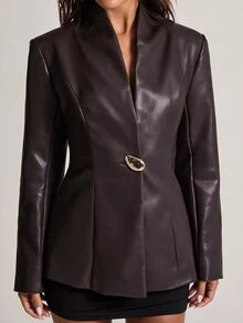 SHEIN BAE Women's Solid Color PU Leather Fashion Versatile Commute Travel Office Blazer Dark Brown Fall Business Casual Elegant Work - Brown - View 3