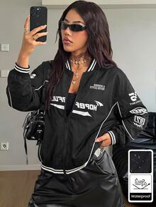 Coolane Women's Fall Streetwear Blokecore Color-Blocked Letter Pattern Print Baseball Jackets For Back - Black - View 6