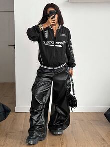 Coolane Women's Fall Streetwear Blokecore Color-Blocked Letter Pattern Print Baseball Jackets For Back - Black - View 2