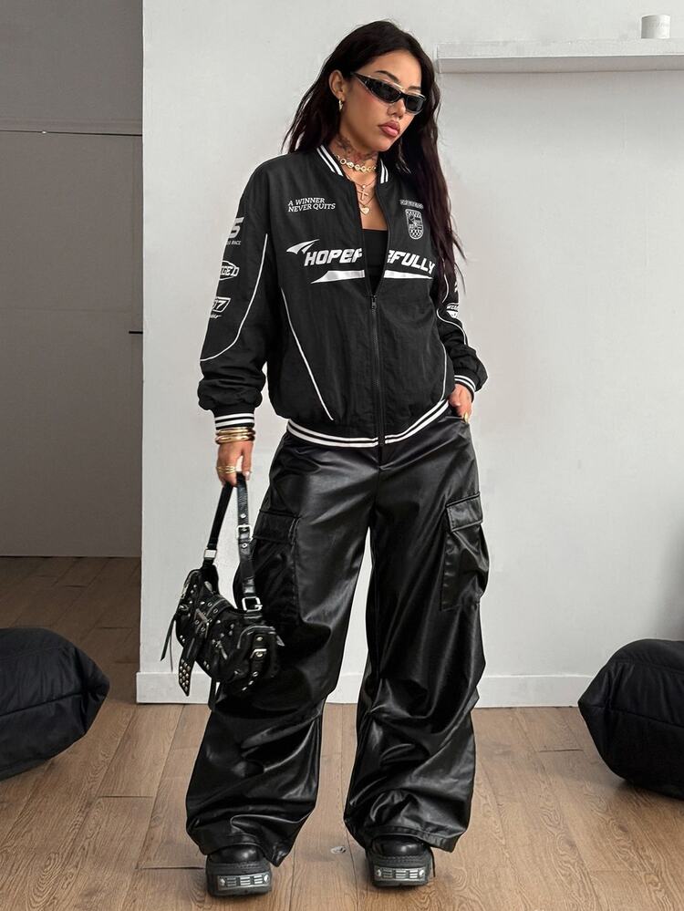 Coolane Women's Fall Streetwear Blokecore Color-Blocked Letter Pattern Print Baseball Jackets For Back - Black - View 5
