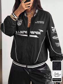 Coolane Women's Fall Streetwear Blokecore Color-Blocked Letter Pattern Print Baseball Jackets For Back - Black - View 4