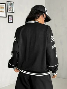 Coolane Women's Fall Streetwear Blokecore Color-Blocked Letter Pattern Print Baseball Jackets For Back - Black - View 9