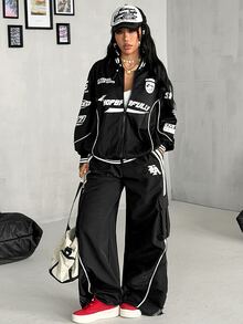 Coolane Women's Fall Streetwear Blokecore Color-Blocked Letter Pattern Print Baseball Jackets For Back - Black - View 7