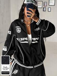 Coolane Women's Fall Streetwear Blokecore Color-Blocked Letter Pattern Print Baseball Jackets For Back - Black - View 1