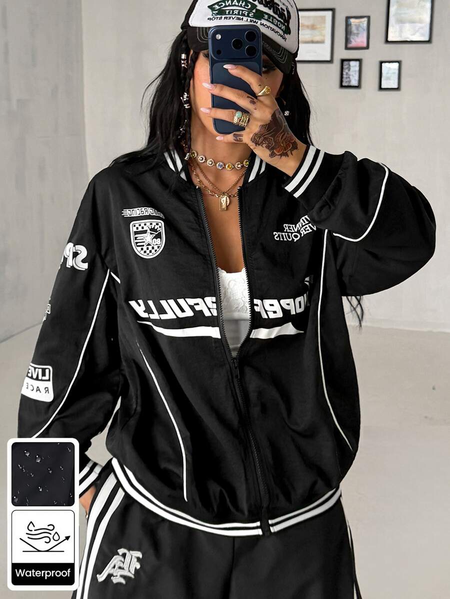 Coolane Women's Fall Streetwear Blokecore Color-Blocked Letter Pattern Print Baseball Jackets For Back - Black - View 1