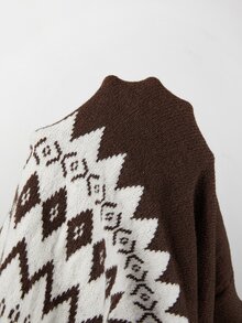 SHEIN Women Autumn Crew Neck Fair Isle Geometric Pattern Knit Sweater Long Sleeve Pullover Vacation Everyday White And Brown Casual Boho - Brown - View 6
