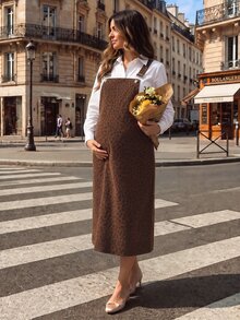 Momance Maternity Leopard Print Casual Everyday Outing Pinafore Dress - Coffee Brown - View 4