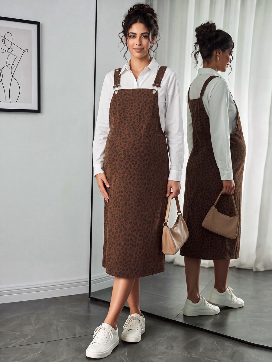 Momance Maternity Leopard Print Casual Everyday Outing Pinafore Dress - Coffee Brown - View 1
