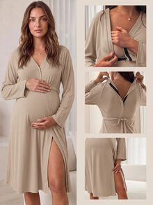 Slowluna Solid Color Nursing Function Split Design Maternity Clothing - Khaki - View 1