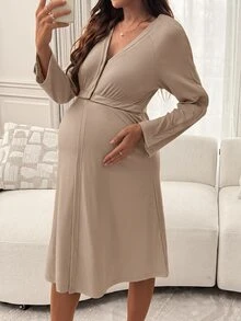 Slowluna Solid Color Nursing Function Split Design Maternity Clothing - Khaki - View 6