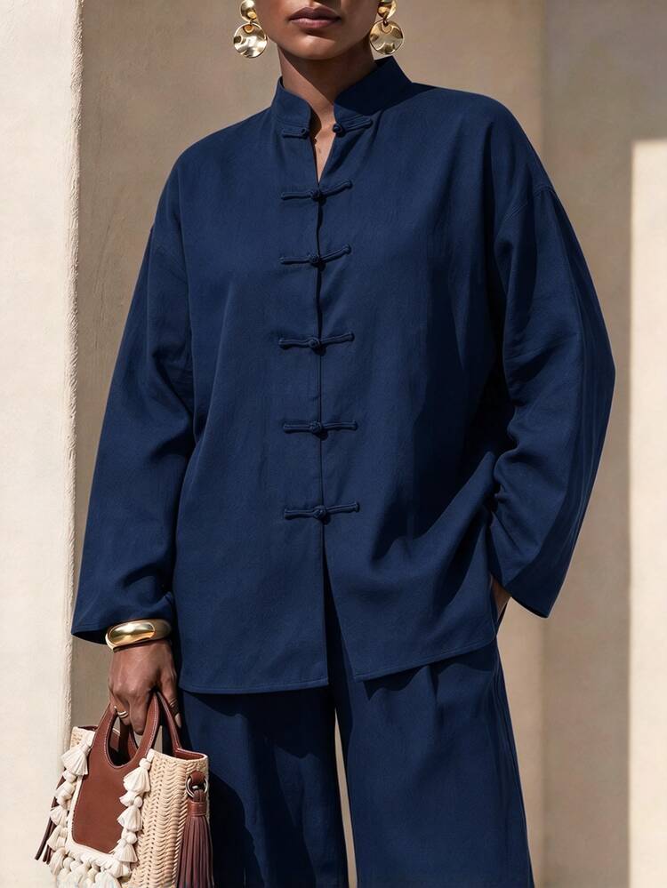 Zivah New Loose Linen New Chinese Style Button-Up Top + Lantern Trousers Women's Two Pieces Set - Navy Blue - View 6