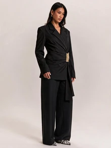 SHEIN BAE Black Metal Button Elegant Blazer For Women Summer Slim Fit Long Sleeve Classic Blazer Jacket For Office Interview Wedding Guest Cocktail Party - Black - View 5