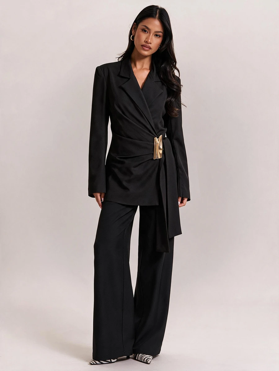 SHEIN BAE Black Metal Button Elegant Blazer For Women Summer Slim Fit Long Sleeve Classic Blazer Jacket For Office Interview Wedding Guest Cocktail Party - Black - View 1