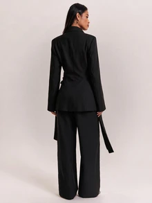 SHEIN BAE Black Metal Button Elegant Blazer For Women Summer Slim Fit Long Sleeve Classic Blazer Jacket For Office Interview Wedding Guest Cocktail Party - Black - View 2
