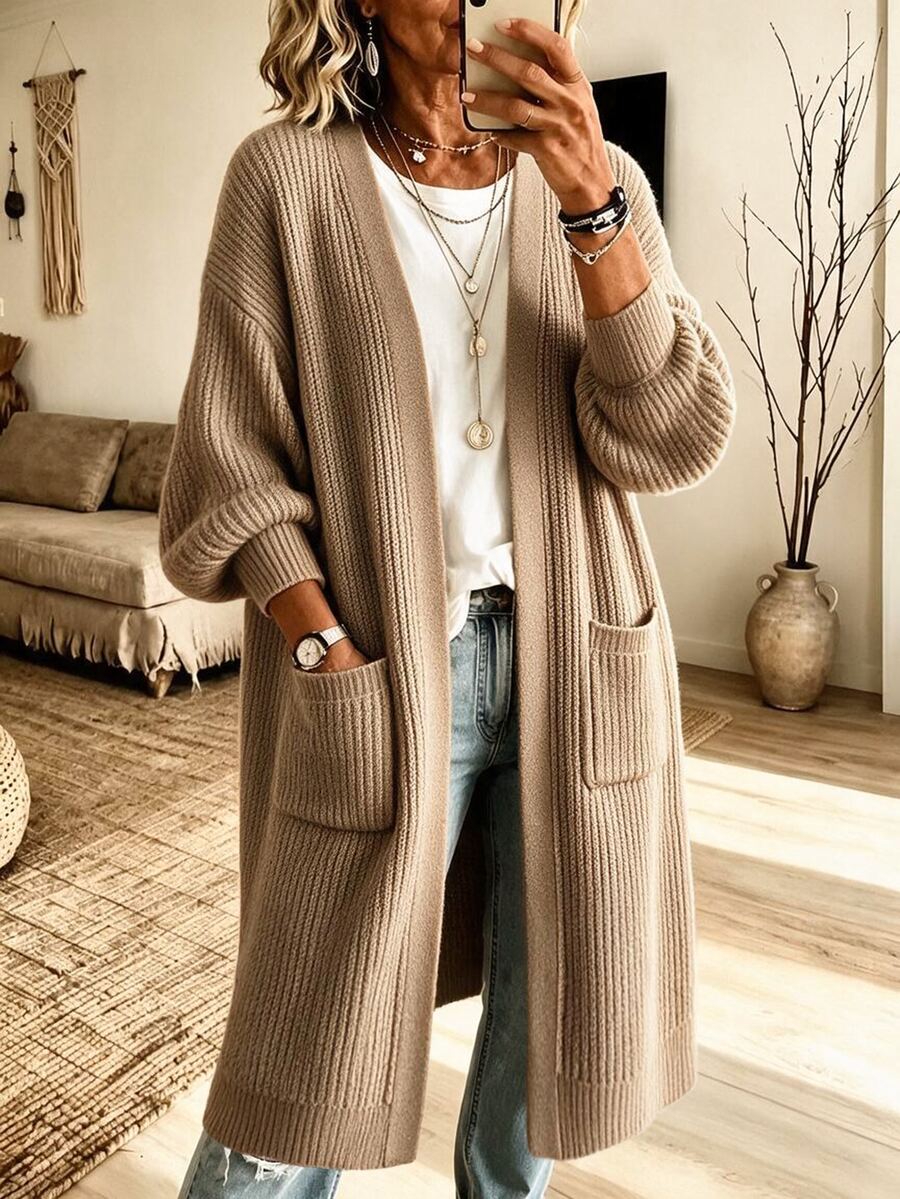 SHEIN Ribbed Knit Petal Sleeve Patch Pocket Long Cardigan Coat Brunch Camel Autumn Casual Boho - Brown - View 1