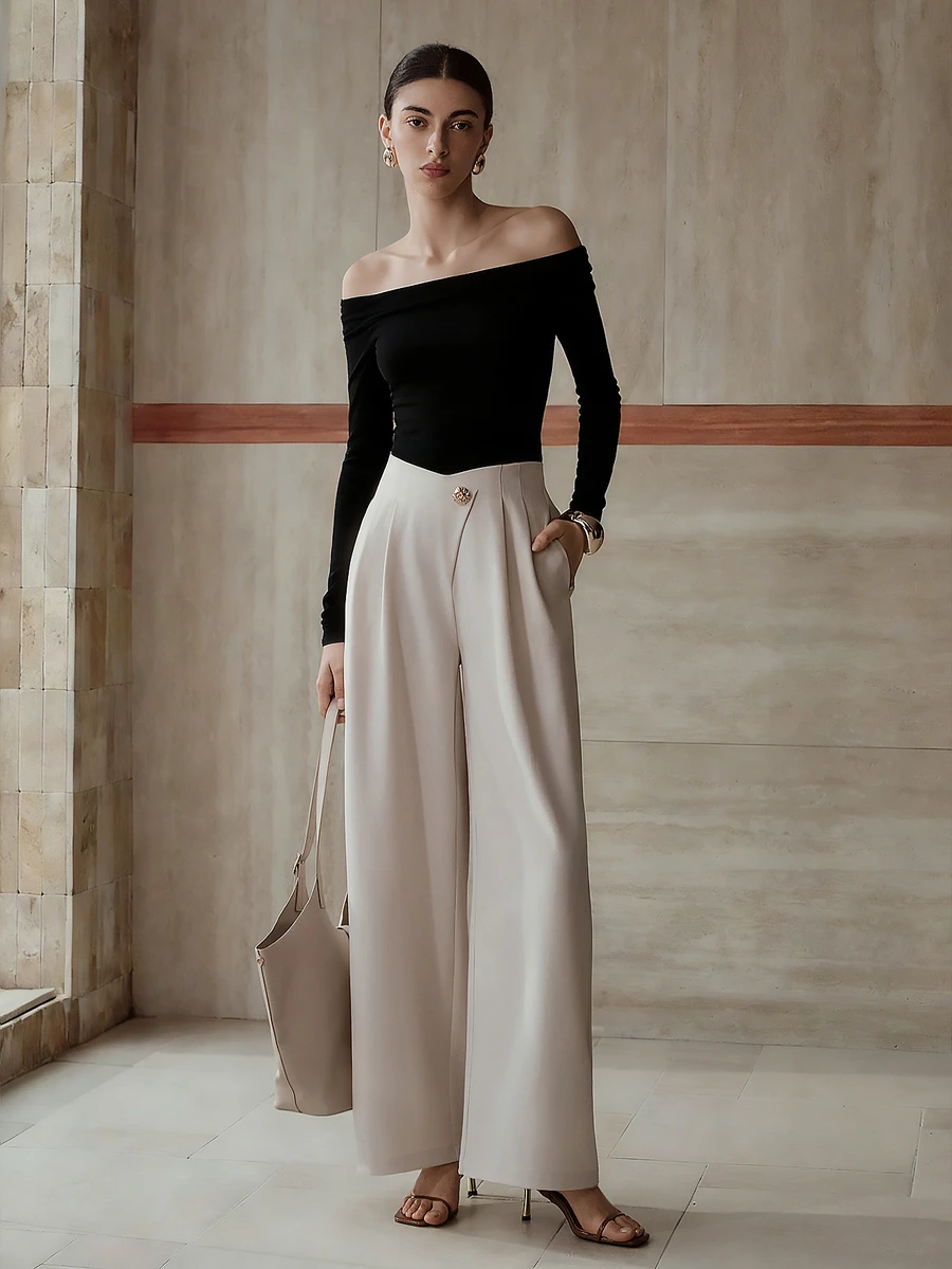 MOTF PREMIUM WOMEN'S SINGLE BUTTON APRICOT ASYMMETRICAL HIGH WAIST WIDE LEG PANTS - Beige - View 2