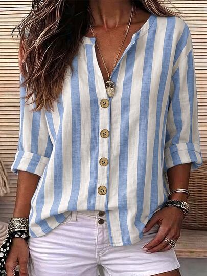 Balvessa Casual Vacation Daily Home Wear Shirt Loose Fit Women Spring Summer Autumn Cotton Blend Bamboo Texture Commute 3/4 Sleeve