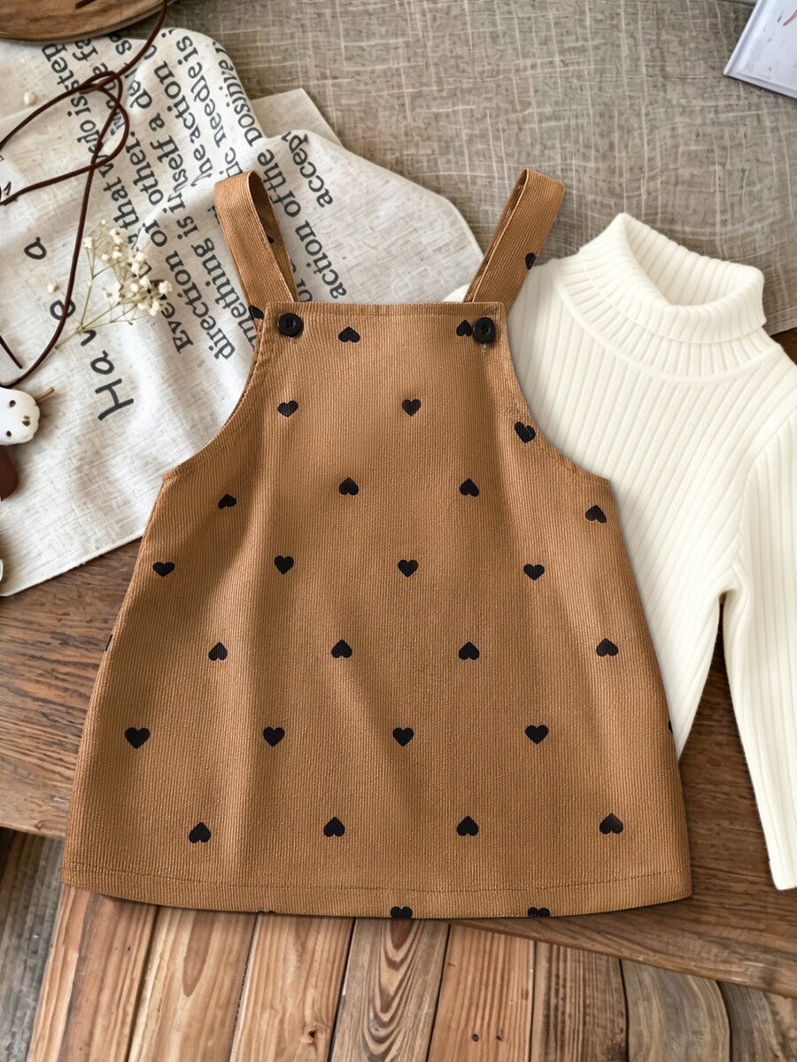 SHEIN 女嬰可愛鹿花刺繡吊帶休閒戶外洋裝,春/秋季 - 棕色 - 查看 1