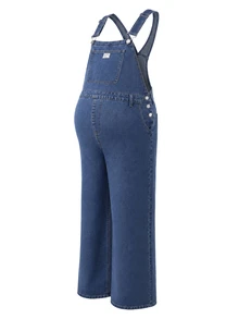 Momance Maternity Letter Print Pocket Casual Denim Overalls - Dark Wash - View 7